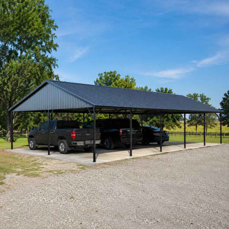 40x25 metal carport — vertical-roof steel carport for two vehicles