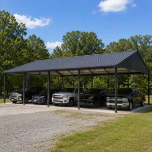 40x60 large metal carport - long open-sided carport for multiple vehicles with charcoal vertical-rib roof on rural lot
