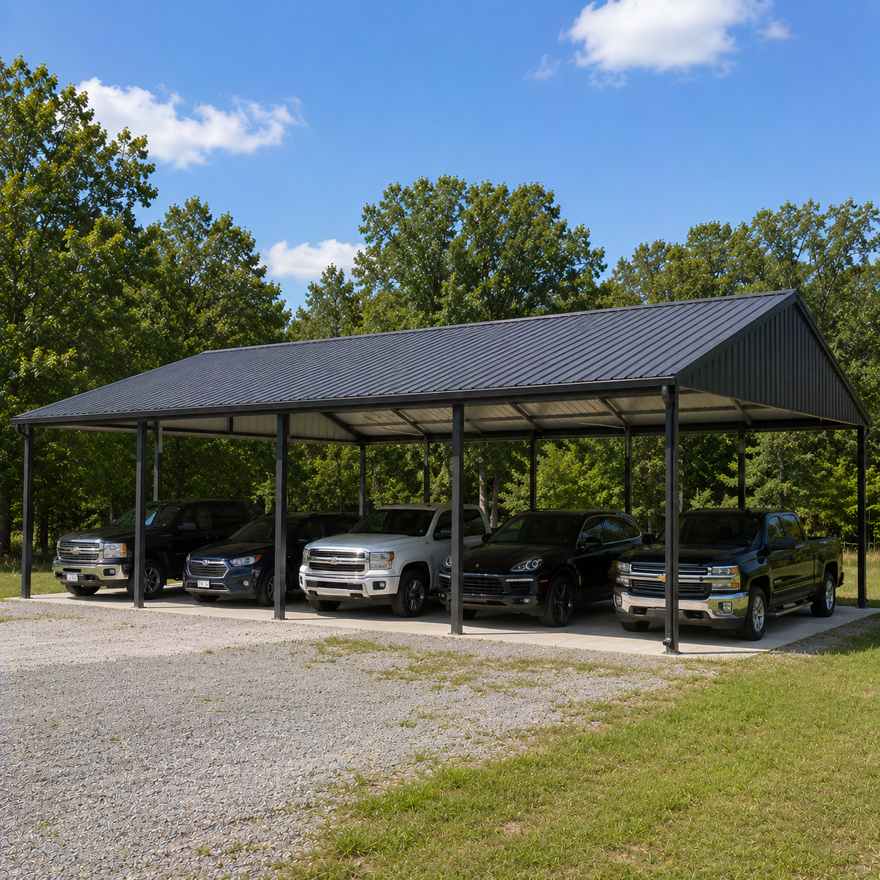 40x60 large metal carport - long open-sided carport for multiple vehicles with charcoal vertical-rib roof on rural lot