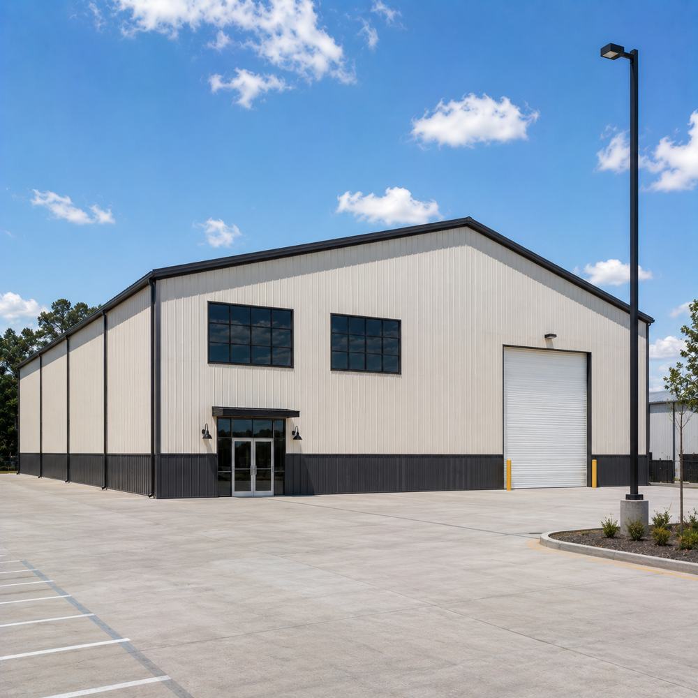 40x60 commercial metal warehouse - cream walls with charcoal wainscot, glass entry and roll-up loading door on commercial lot