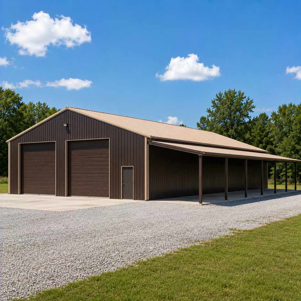 40x60 metal building with attached lean-to carport - bronze-brown walls with tan trim and long open lean-to for covered parking