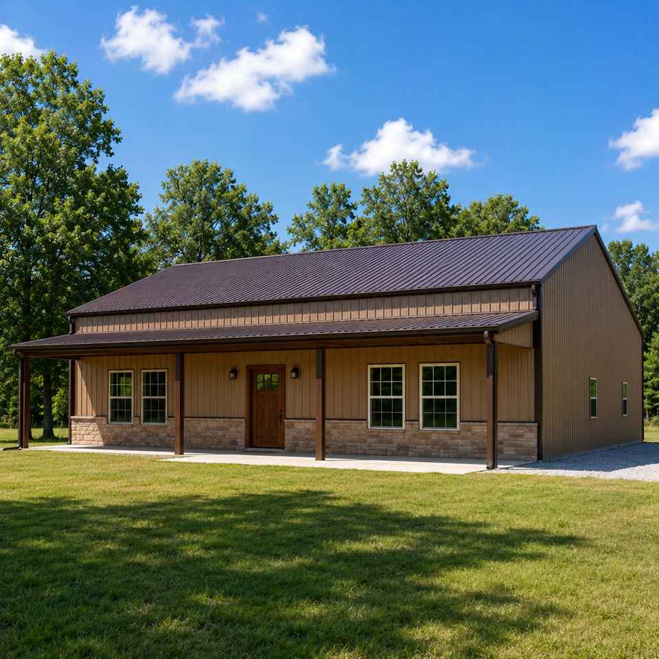 40x60 metal barndominium home - tan walls with covered porch, stone wainscot and multiple divided-light windows