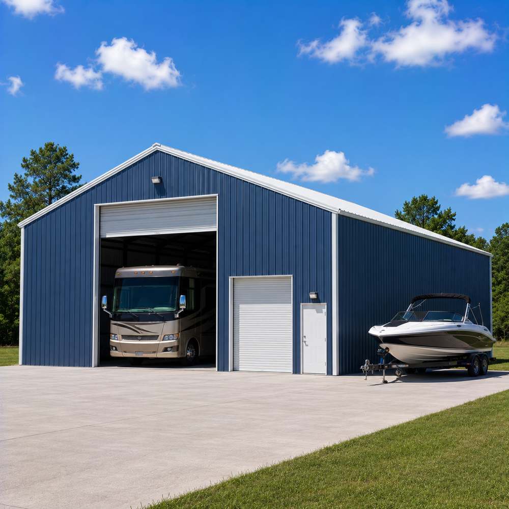 40x60 RV and boat storage metal building - slate-blue walls with tall white roll-up door, motorhome inside, boat on trailer outside