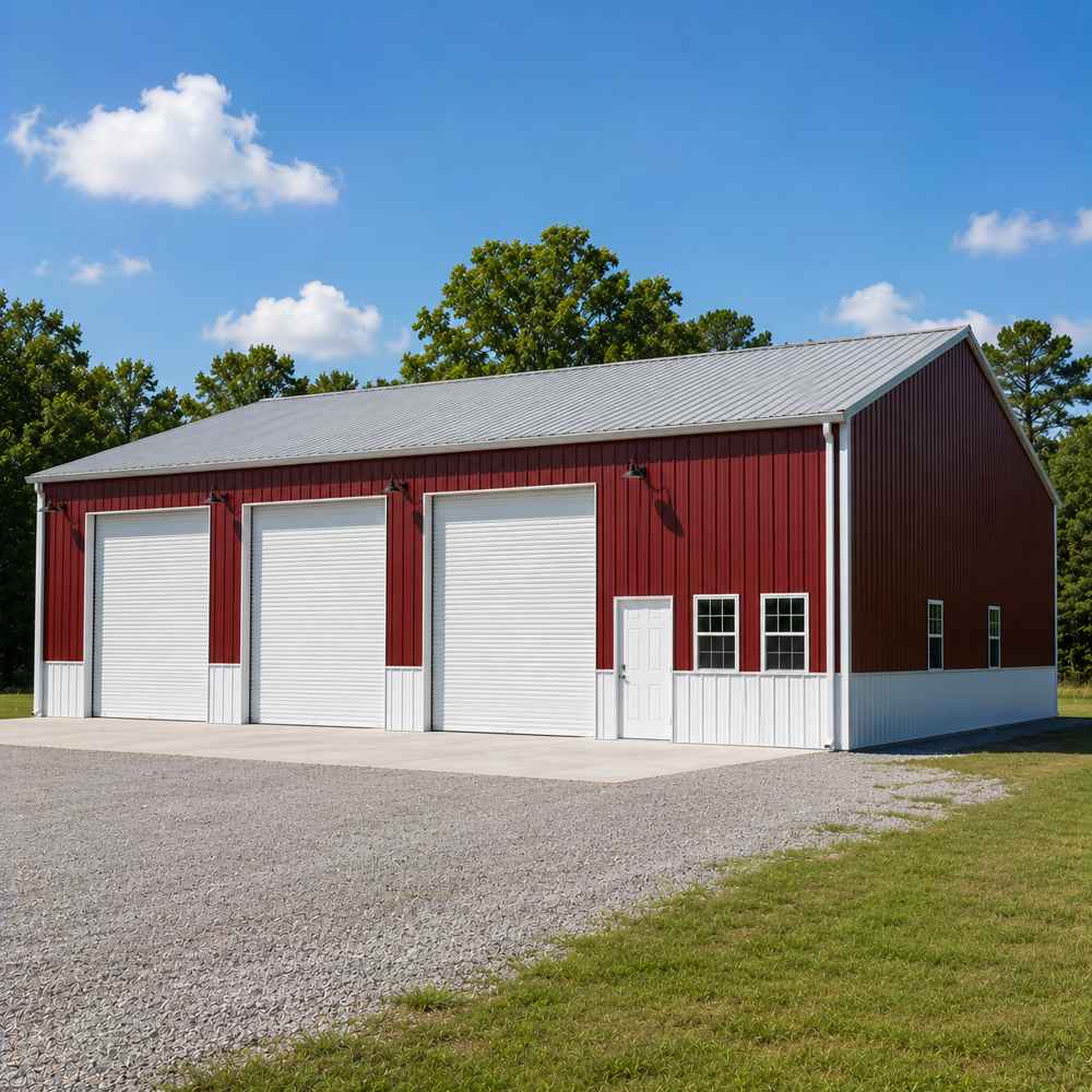 40x60 metal workshop - barn-red walls with white trim, three white roll-up doors and light gray roof on rural lot