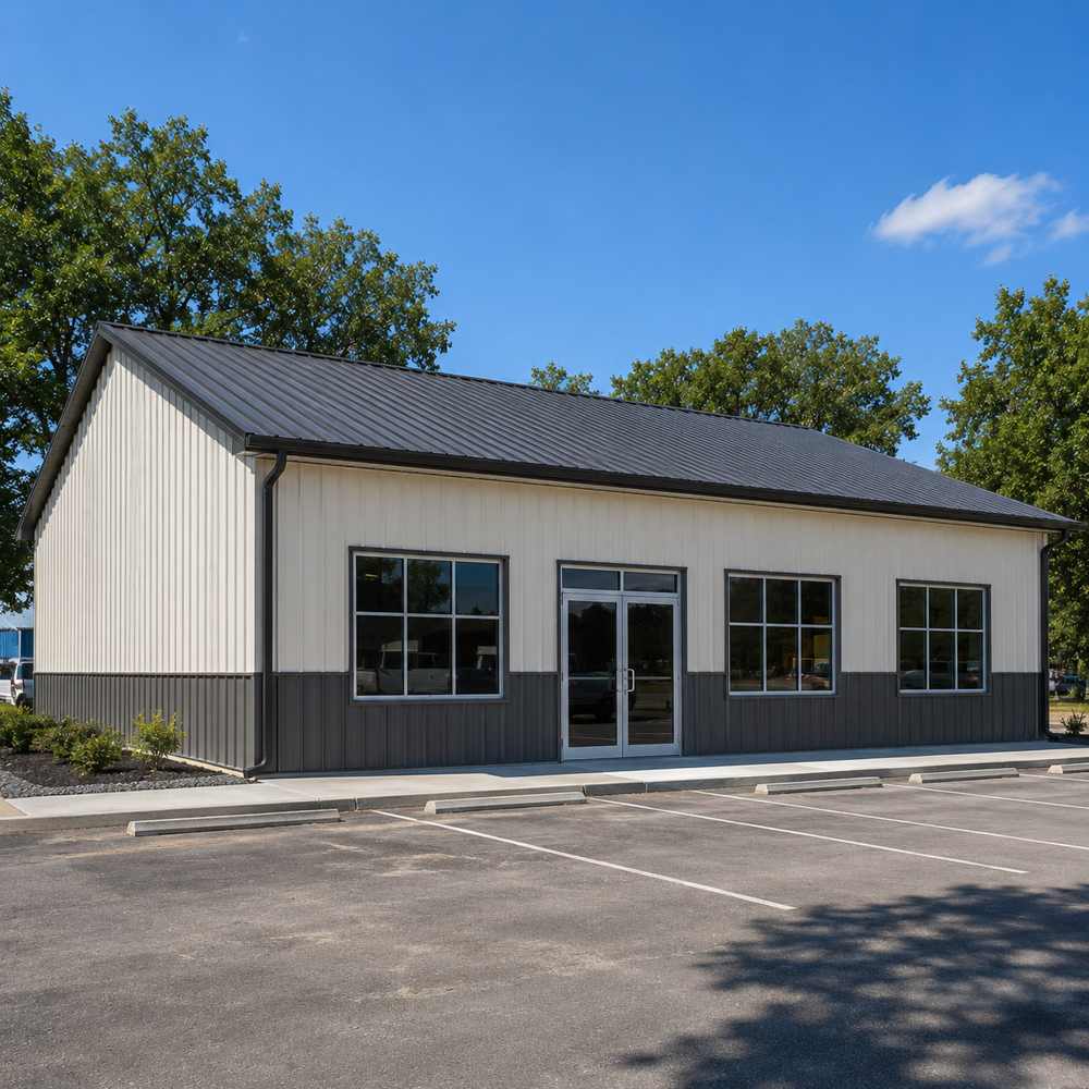 50x30 commercial metal building - cream walls with charcoal wainscot, glass entry door and commercial windows