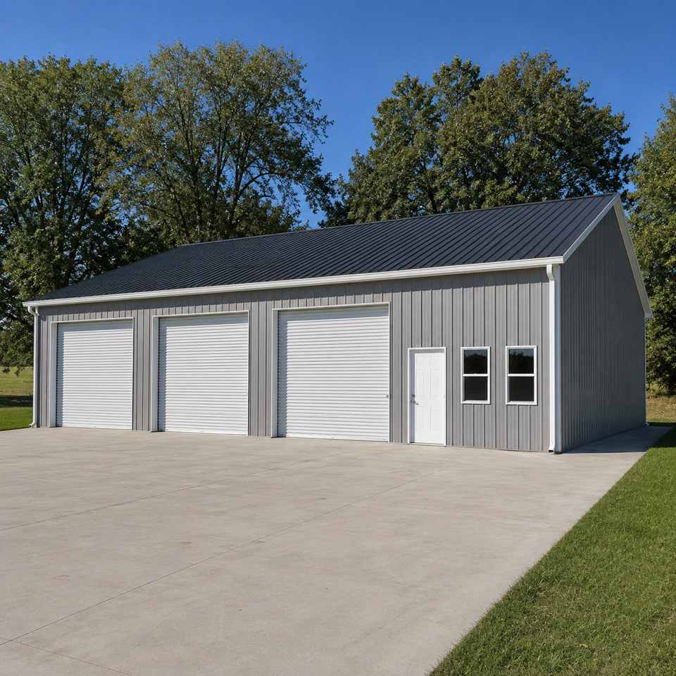 50x30 enclosed metal garage with three white roll-up doors, silver-gray walls and charcoal roof