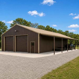 50x30 metal building with attached lean-to carport - bronze-brown walls with tan trim and open lean-to