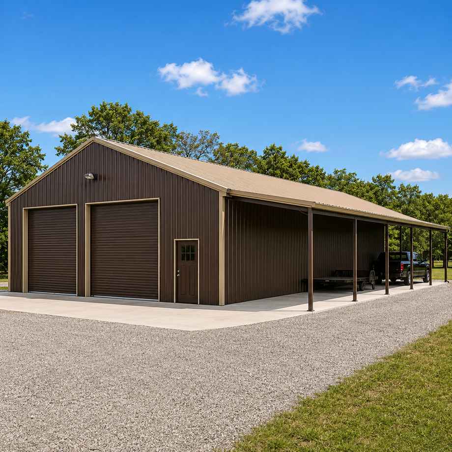 50x30 metal building with attached lean-to carport - bronze-brown walls with tan trim and open lean-to