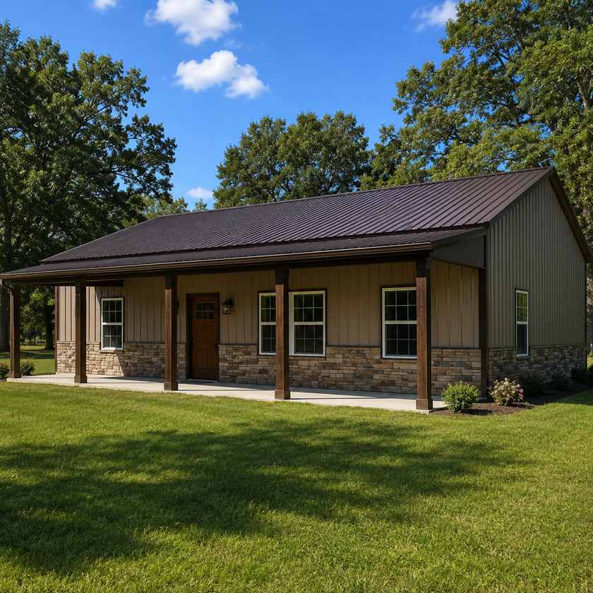 50x30 metal barndominium home - tan walls with covered porch, stone wainscot and divided-light windows