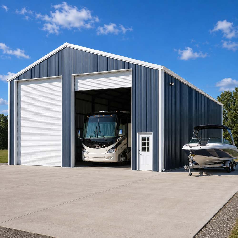 50x30 RV and boat storage metal building - slate-blue walls with two tall white roll-up doors and RV