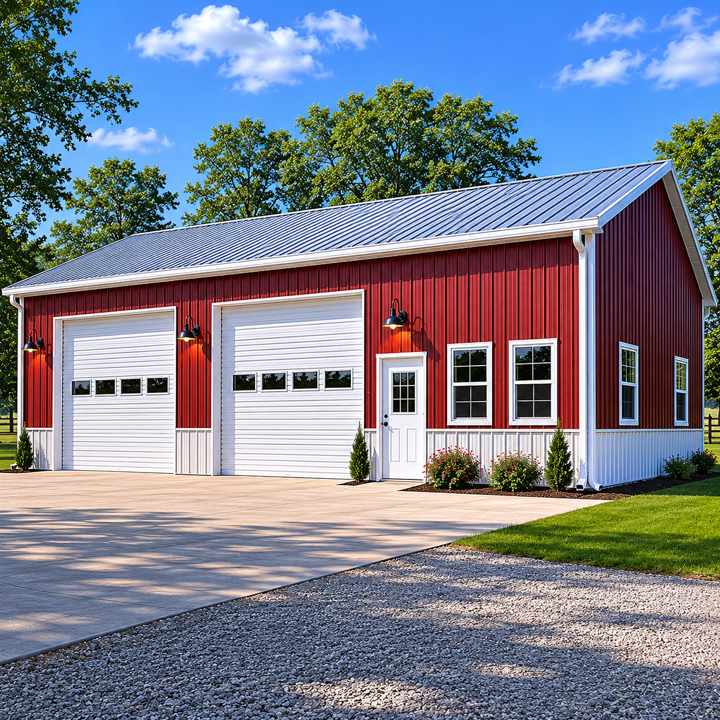 50x30 metal workshop - barn-red walls with white trim, two white roll-up doors and gray roof