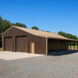70x50 metal building with long attached lean-to carport - bronze-brown walls with tan trim and open lean-to