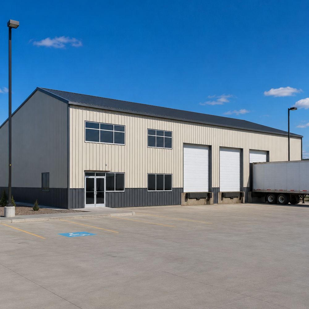 80x100 commercial metal warehouse - cream walls with charcoal wainscot, three loading docks and semi-truck