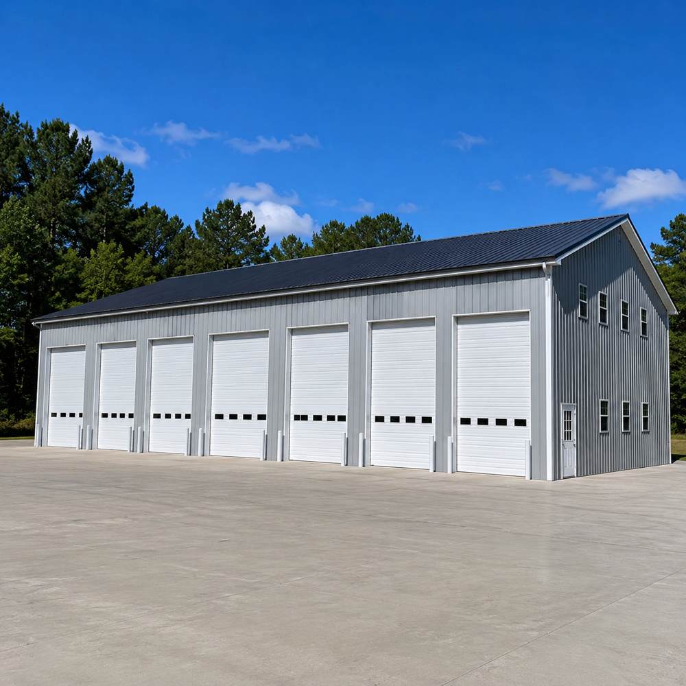 80x100 very large enclosed metal garage with six white roll-up doors, silver-gray walls on paved lot