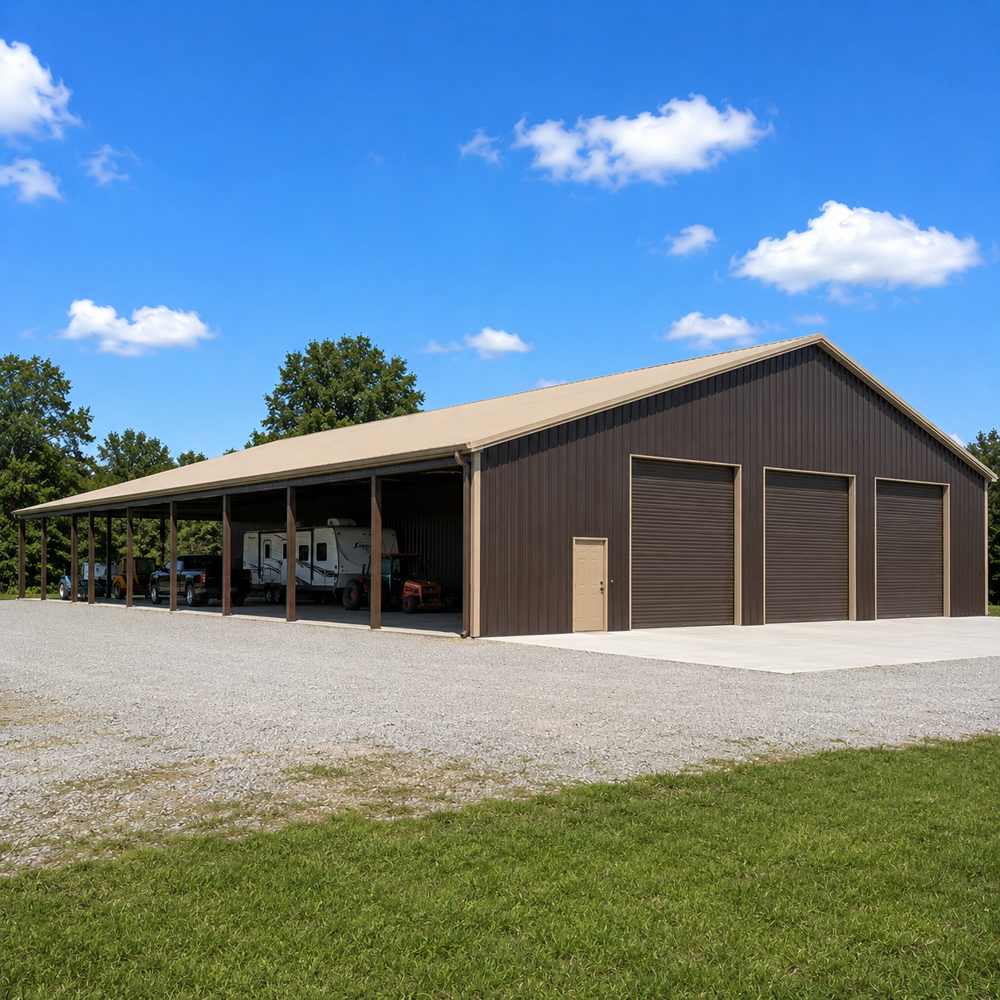 80x100 metal building with long attached lean-to carport - bronze-brown walls with tan trim and extended open lean-to