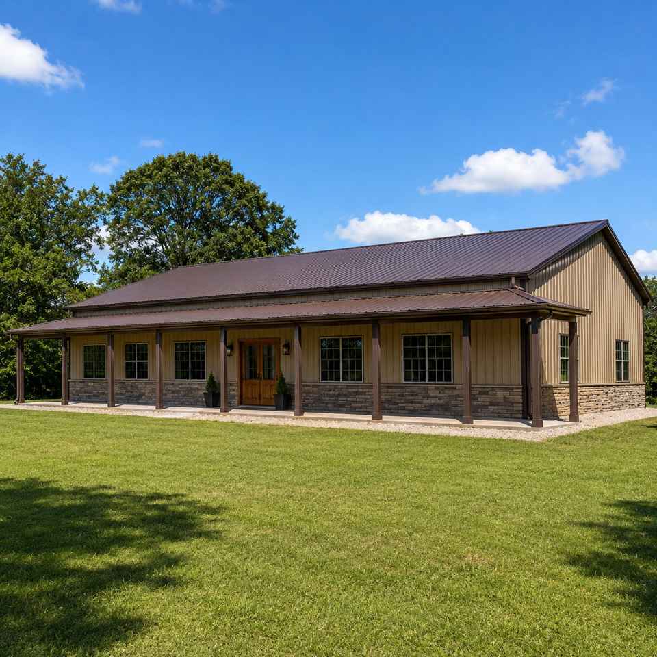 80x100 large metal barndominium ranch home - tan walls with long covered porch, stone wainscot and multiple windows