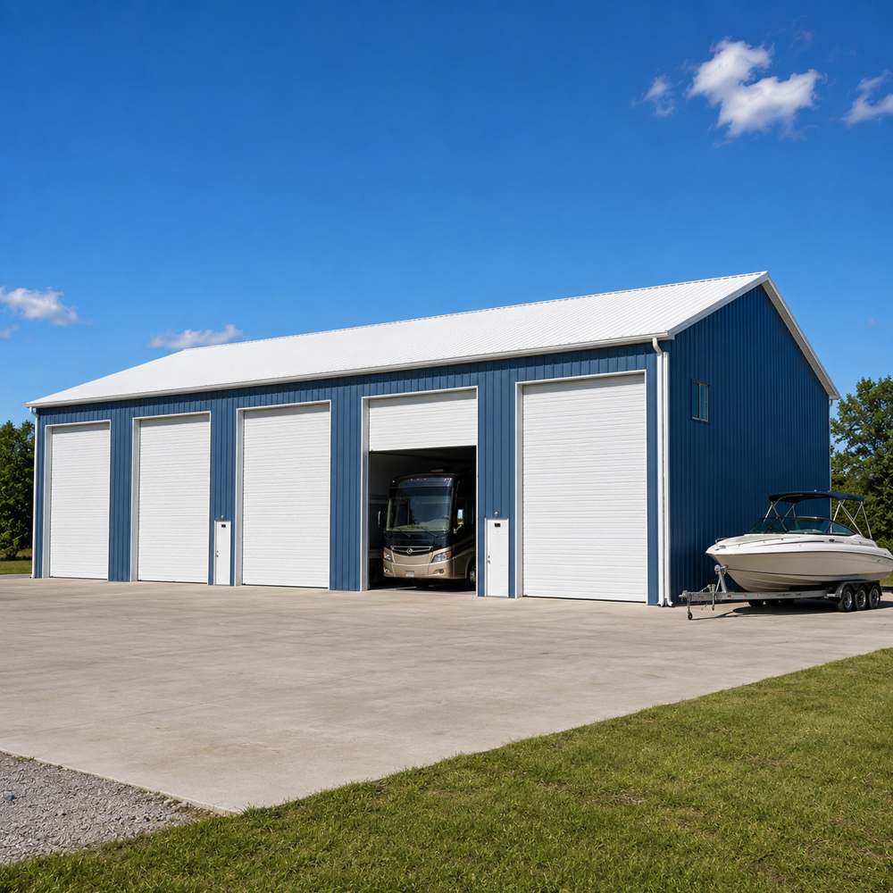 80x100 RV and boat storage condo - slate-blue walls with five tall white roll-up doors, motorhome and boat outside