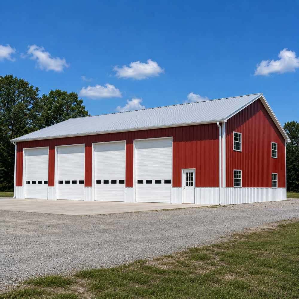80x100 very large metal workshop - barn-red walls with white trim, four white roll-up doors and gray roof on rural lot