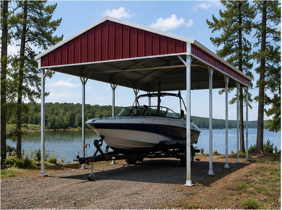 Burgundy 20x30x10 metal carport storing a boat on a trailer near a lake