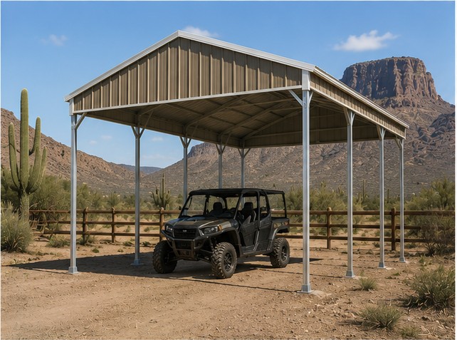 Clay-colored 20x30x10 metal carport with a UTV side-by-side on a desert ranch