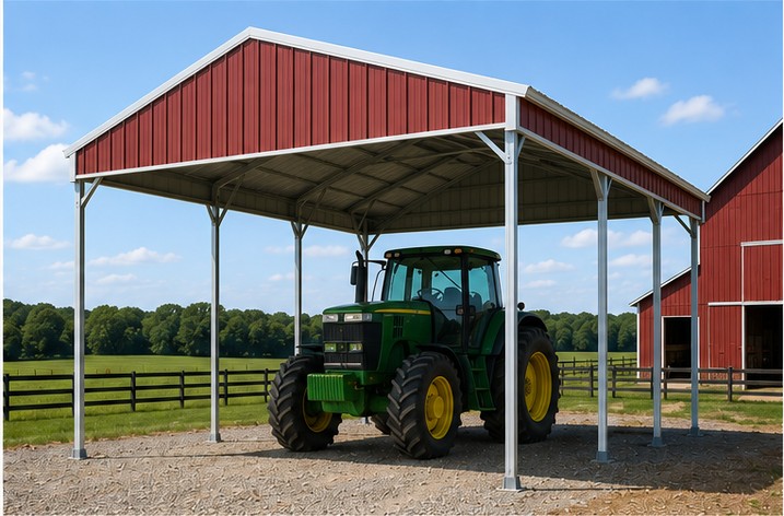 Barn red 20x30x10 metal carport sheltering a tractor on a farm with a barn behind