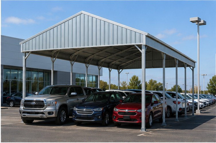 Galvalume 20x30x10 metal carport covering vehicle inventory at a car dealership