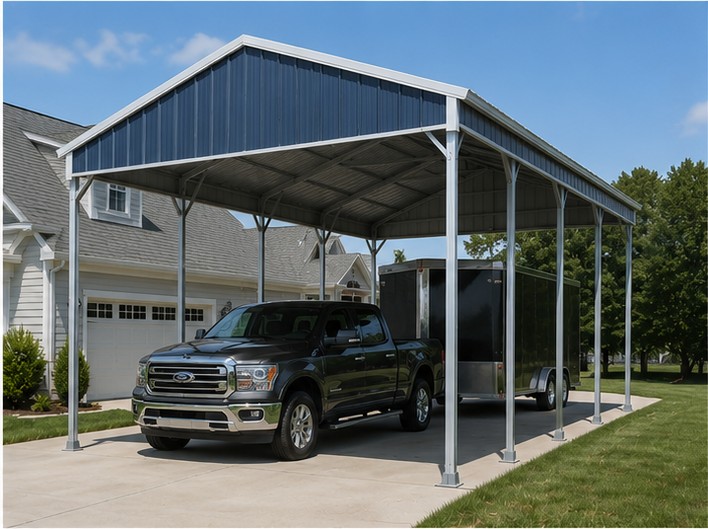 Slate blue 20x30x10 metal carport covering a pickup truck and cargo trailer on a driveway
