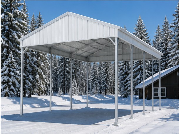 White 20x30x10 metal carport in a snowy northern yard with evergreen trees