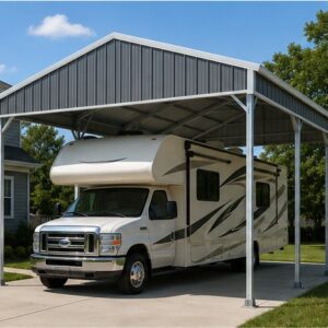 Pewter gray 20x30x10 metal carport with 10-foot legs covering an RV camper