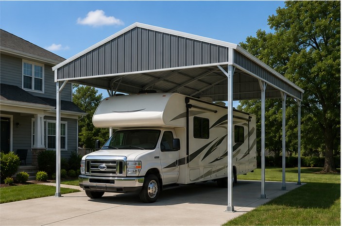 Pewter gray 20x30x10 metal carport with 10-foot legs covering an RV camper