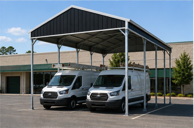 Black 20x30x10 metal carport with white trim covering white work vans in a fleet lot