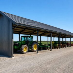 20x48 charcoal equipment implement shed, open long sides, green tractor with implements underneath, gravel pad, midday sun