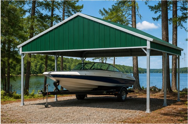 Green 24x25x7 vertical roof metal carport sheltering a boat on a trailer near woods