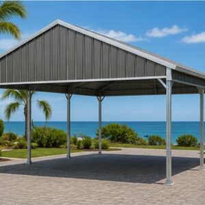 Quaker gray 24x25x7 vertical roof metal carport on a coastal property with palm trees