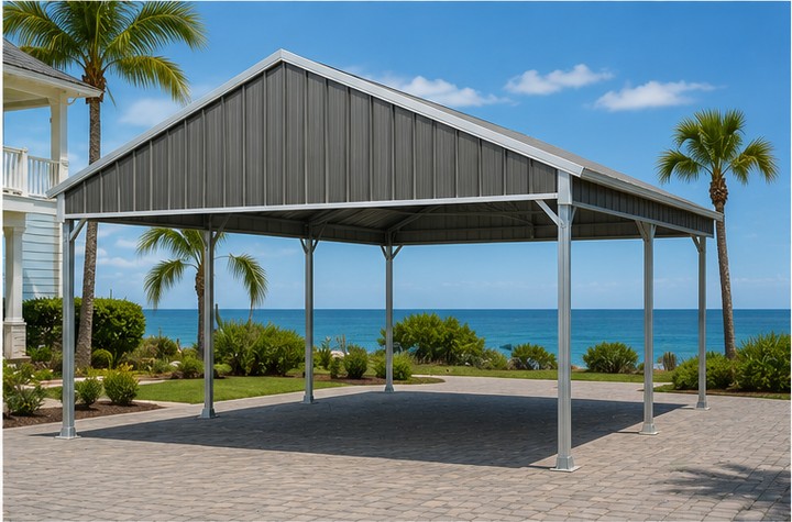 Quaker gray 24x25x7 vertical roof metal carport on a coastal property with palm trees