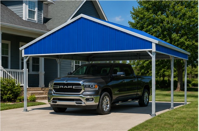 Royal blue 24x25x7 vertical roof metal carport covering a pickup truck on a driveway