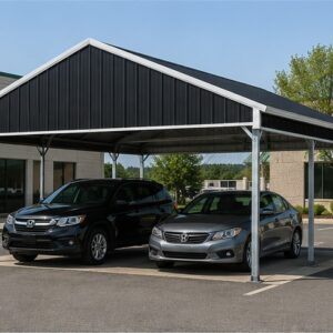 Black 24x25x7 metal carport with white trim over employee parking at a small business