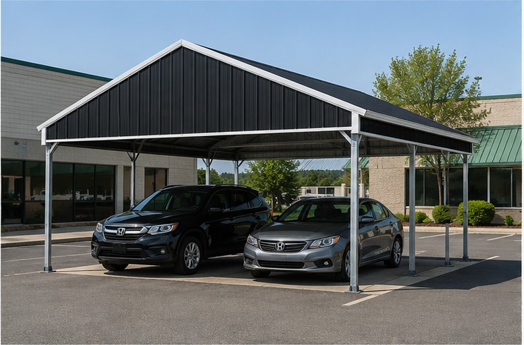 Black 24x25x7 metal carport with white trim over employee parking at a small business