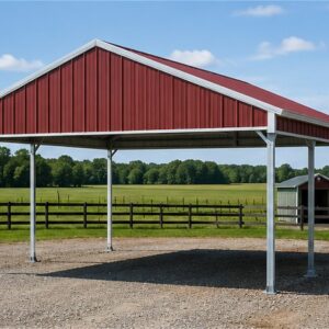 Barn red 24x25x7 metal carport with vertical roof on a gravel pad at a farm