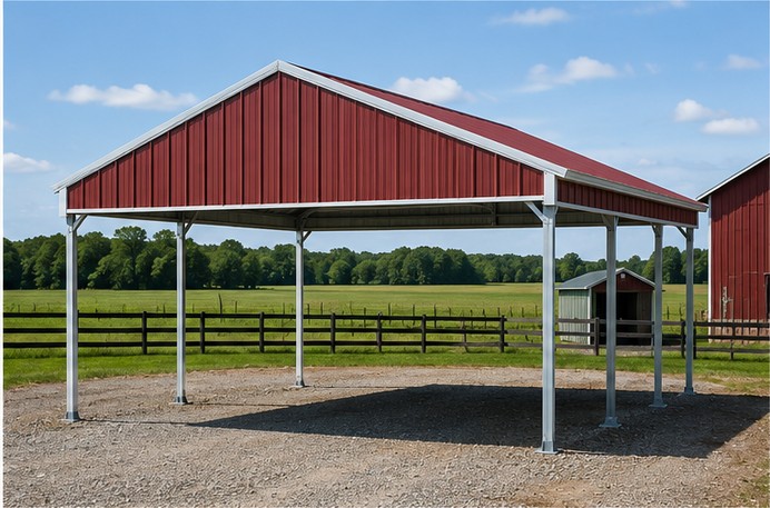 Barn red 24x25x7 metal carport with vertical roof on a gravel pad at a farm
