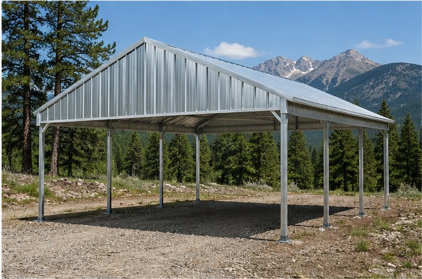 Galvalume bare-metal 24x25x7 vertical roof carport on a rural property with pine trees