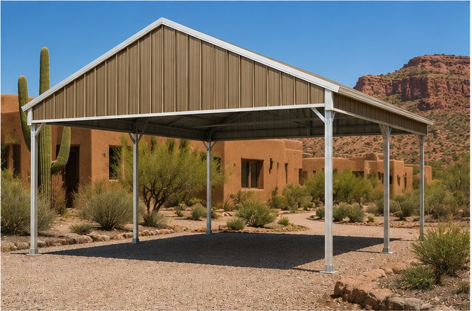 Rawhide tan 24x25x7 vertical roof metal carport on a desert Southwest property