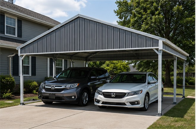 Pewter gray 24x25x7 vertical roof metal carport covering two cars on a residential concrete driveway