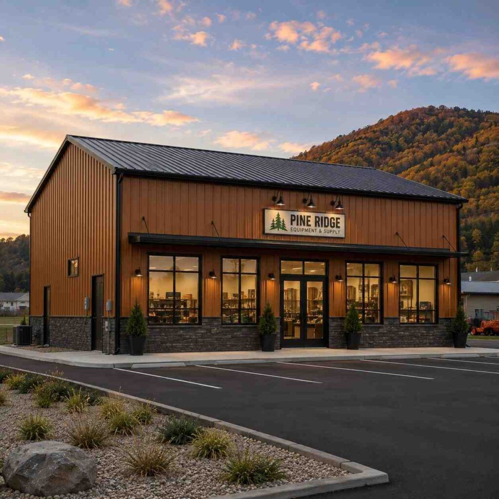 Amber commercial metal building supply store with large windows, stone base, and autumn hillside