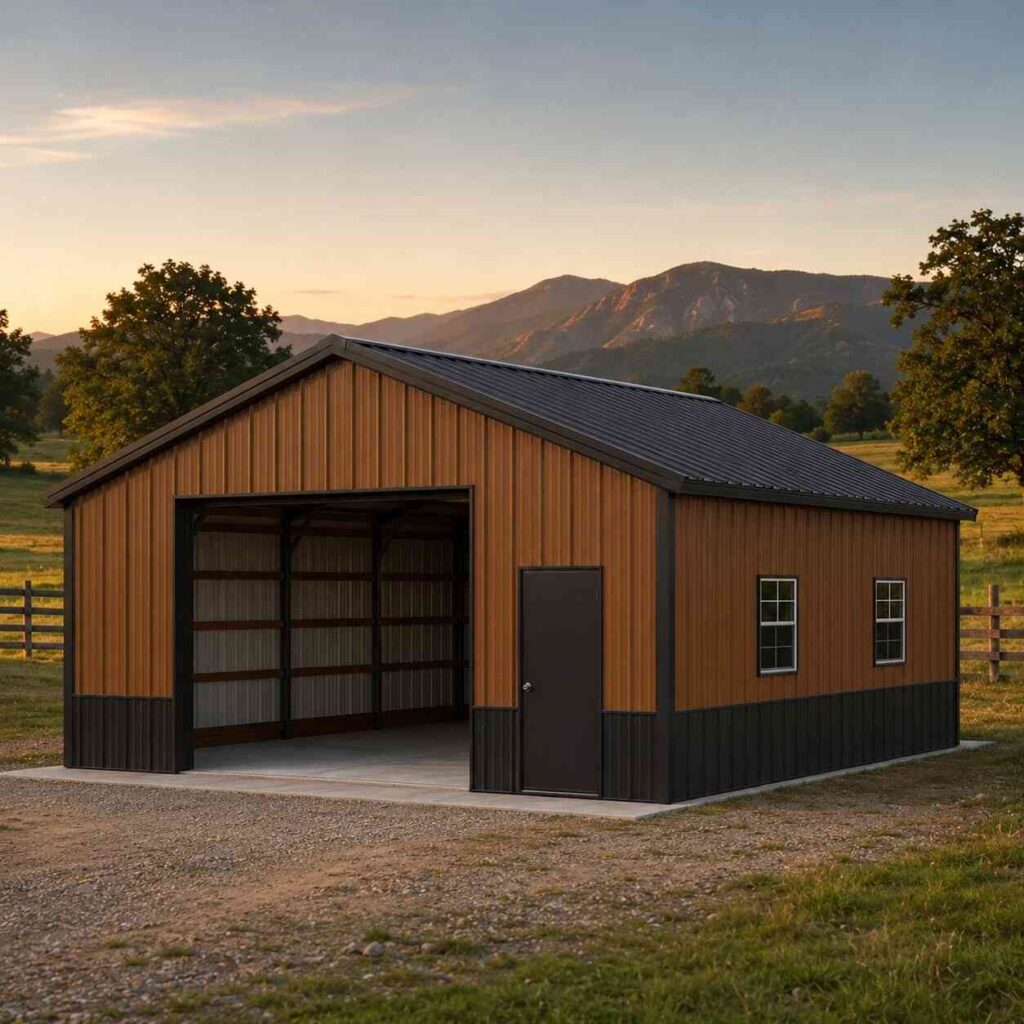 Amber metal barn with open vehicle bay and black wainscot in evening mountain pasture