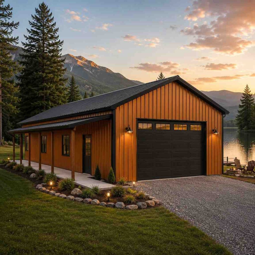 Amber metal building with covered porch and black garage door beside a lakeside firepit