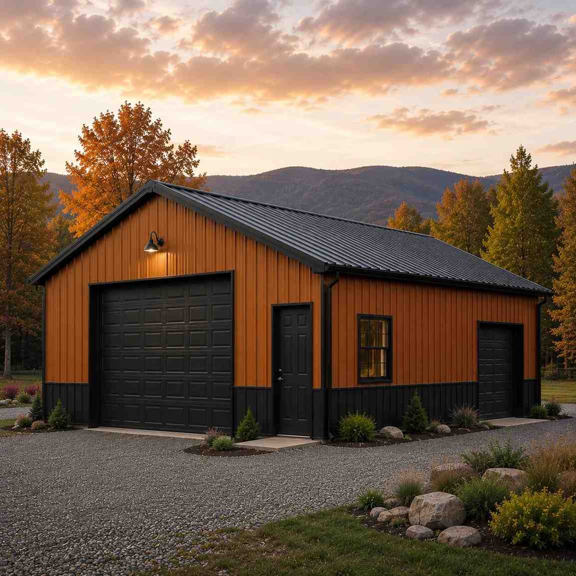 Barn red prefab metal building with white garage door and fishing boat on gravel drive