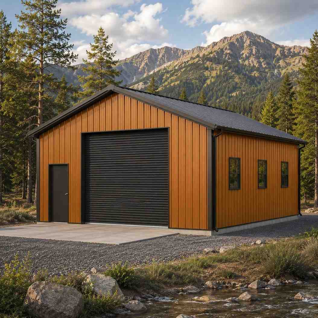 Amber metal workshop with oversized black roll-up door beside a mountain creek, steel framing build