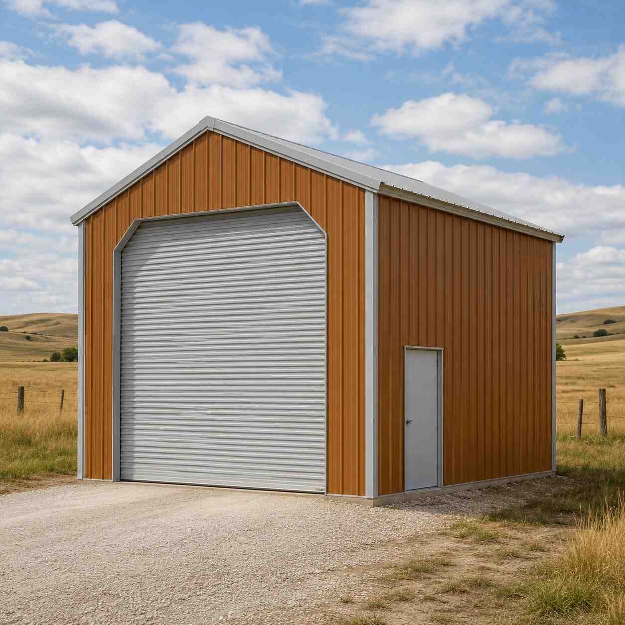 Amber prefab metal building with tall white roll-up door on open prairie grassland