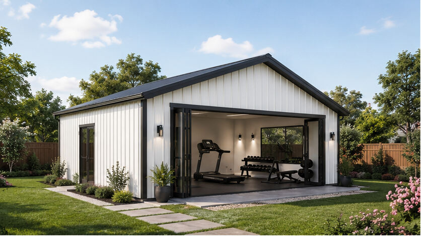 White metal building kit gym with folding glass doors open to dumbbell rack and bench